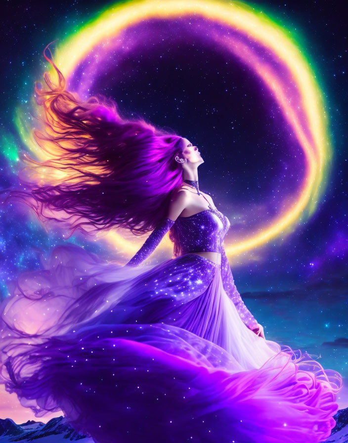 Woman in flowing purple gown with cosmic rainbow backdrop and starry night sky.