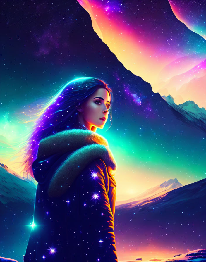 Woman in starry landscape under colorful aurora with glittering stars in hair and coat.