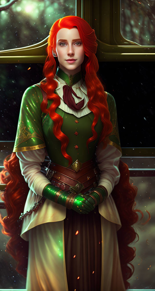 Digital Art: Red-haired Woman in Green Medieval Dress with Snowflakes