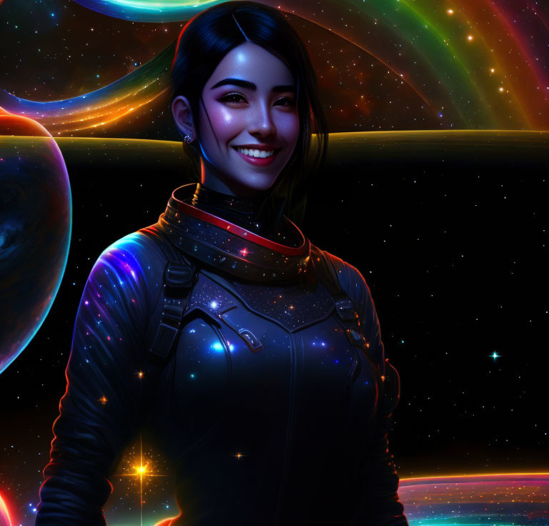 Smiling woman in futuristic spacesuit against vibrant cosmic background