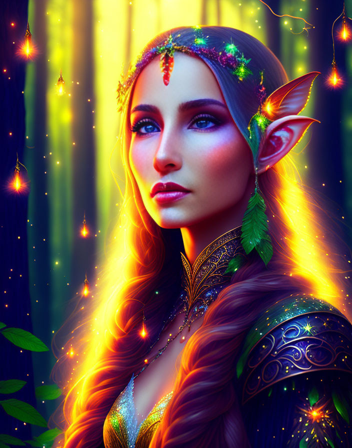 Ethereal elf with pointed ears in magical forest scene