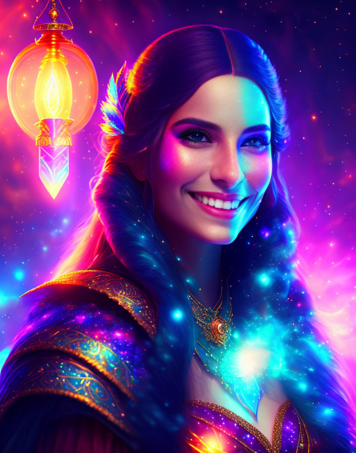 Colorful portrait of a woman with feathers, cosmic background, and lantern