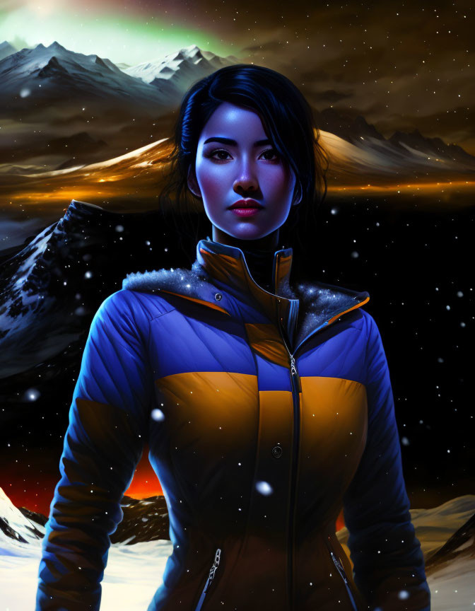 Woman in Blue and Yellow Jacket in Snowy Mountain Night Scene