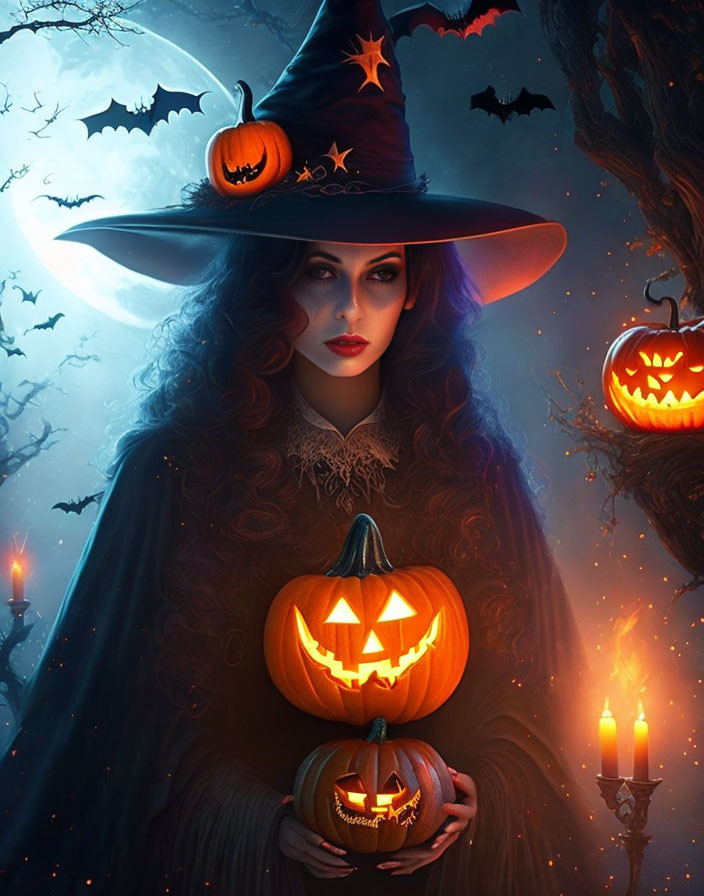 Mysterious Witch with Pumpkin Hat and Jack-o'-lantern in Spooky Scene