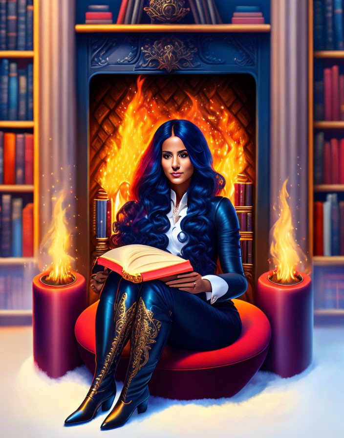 Blue-haired woman reading by fireplace with floating flames and bookshelves