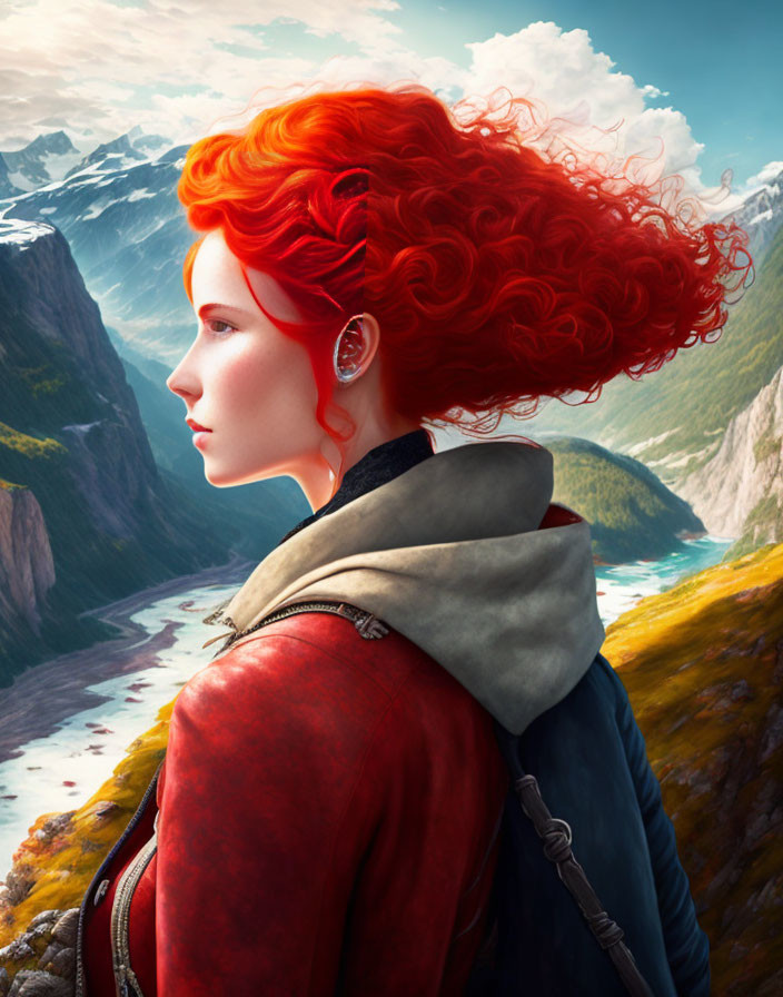 Red-haired woman gazes at mountain landscape in image