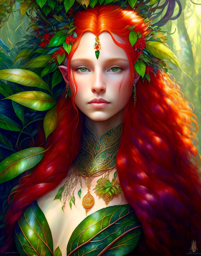 Red-haired woman with leafy adornments in serene nature theme