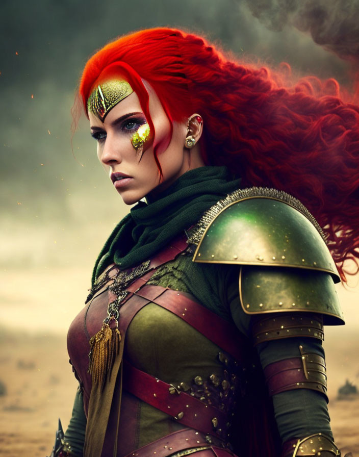 Red-haired woman in fantasy warrior attire under cloudy sky