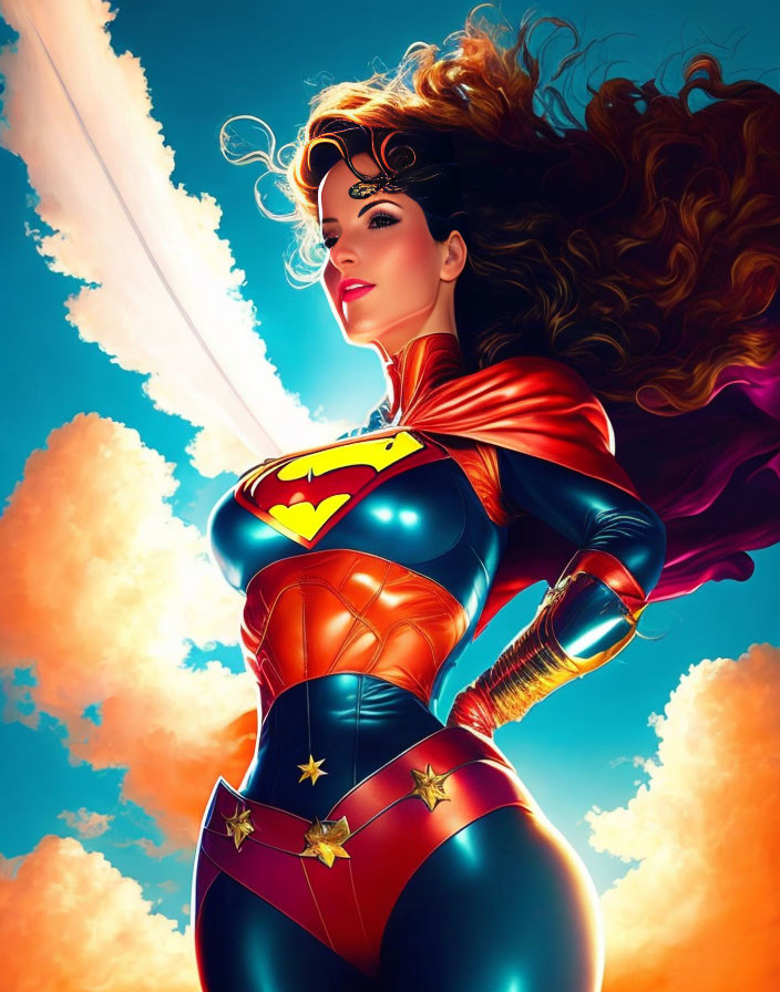 Female superhero illustration in blue and red costume with 'S' emblem on dramatic sky