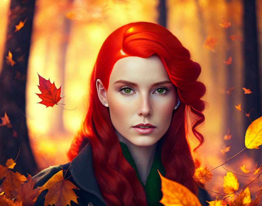 Red-haired woman with green eyes in autumn setting with falling leaf