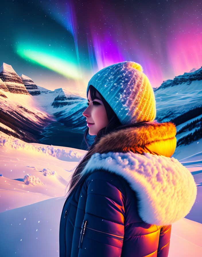 Woman in Winter Clothing Marvels at Aurora Borealis in Snowy Mountains