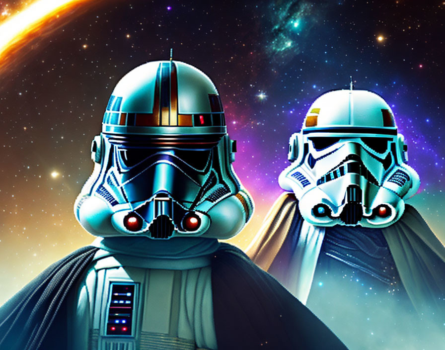 Vibrant futuristic helmets in cosmic space setting