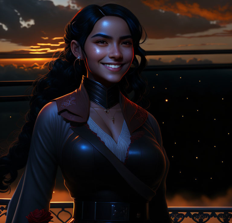 Smiling woman digital art portrait with dark hair and sunset sky