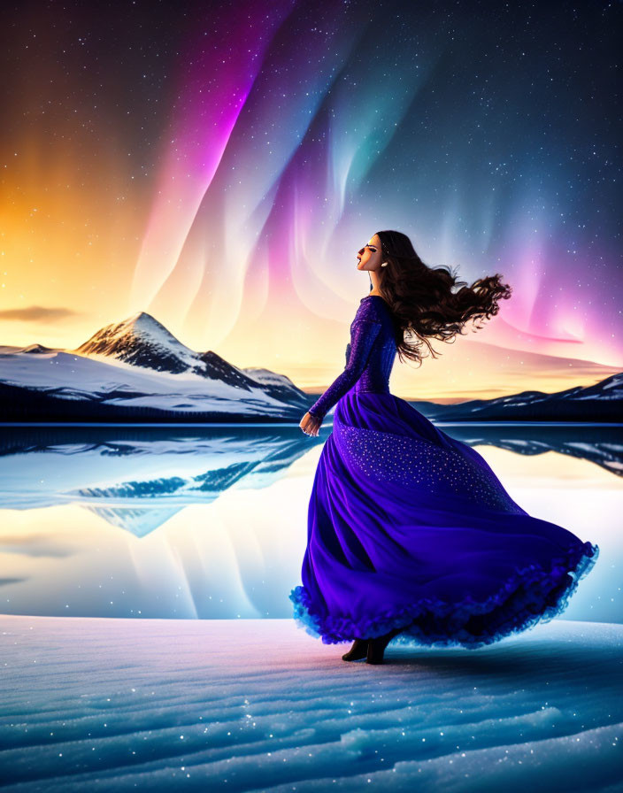 Woman in Blue Dress by Tranquil Lake with Aurora Borealis