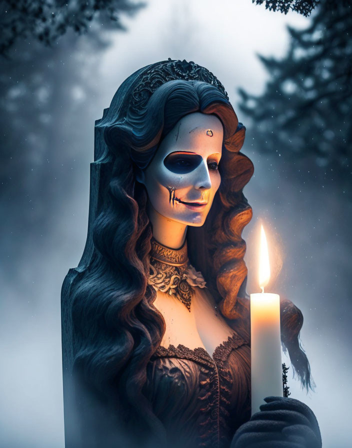 Victorian-inspired outfit with skull makeup holding candle in misty forest