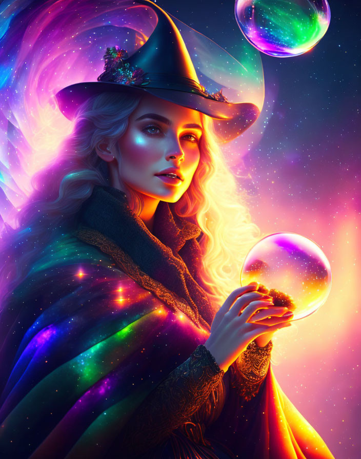 Fantasy illustration: Woman with witch's hat and glowing orb in cosmic setting