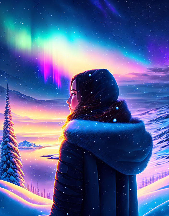 Person in winter clothing admires vibrant aurora borealis over snowy landscape