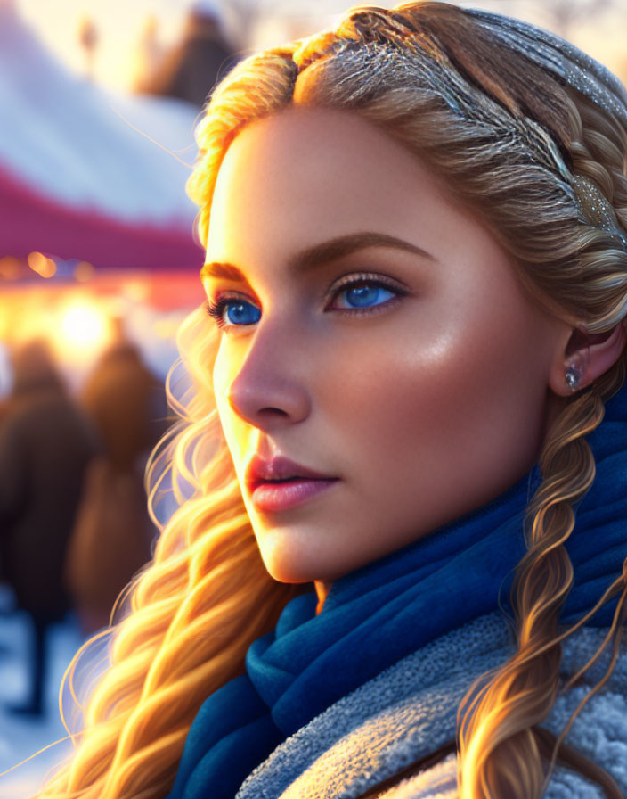 Blonde woman with braided hair and blue scarf in winter scene