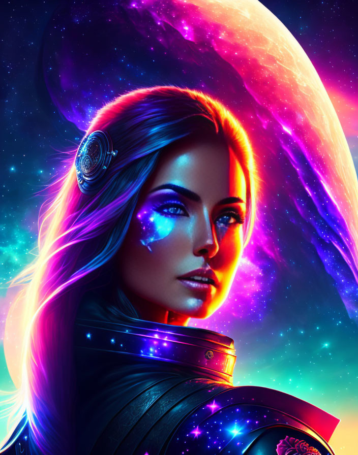 Colorful portrait of woman in futuristic attire with glowing makeup and nebula backdrop.