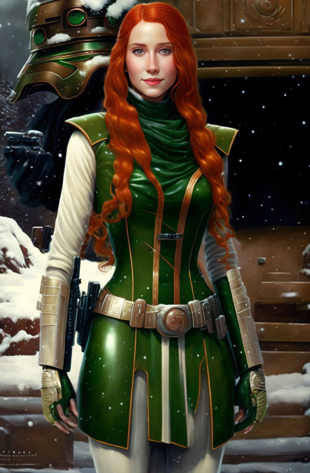 Red-haired woman in futuristic armor with helmet on snowy background