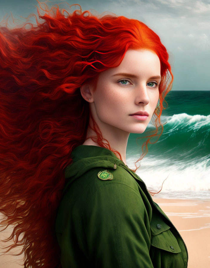 Red-haired woman in green jacket at beach with waves