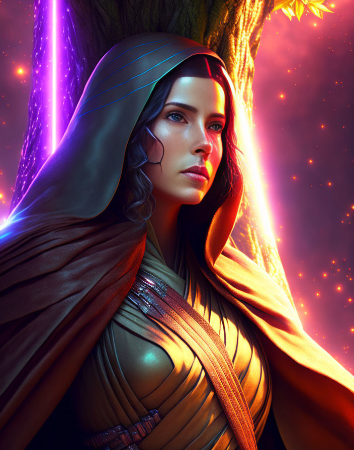 Futuristic woman in hooded cloak against cosmic purple and orange lights