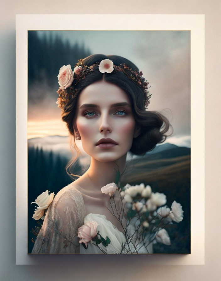 Portrait of woman with blue eyes in floral crown against serene mountain landscape