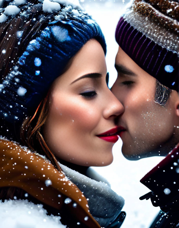 Couple in Winter Clothing Embrace in Snowfall