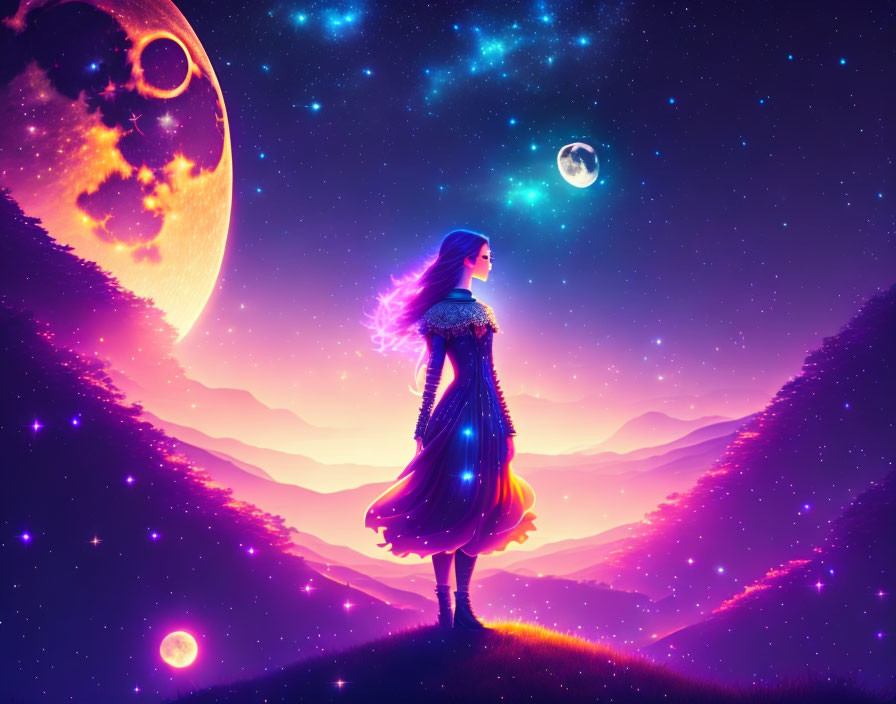 Colorful artwork: Woman in glowing dress under starry sky with multiple moons