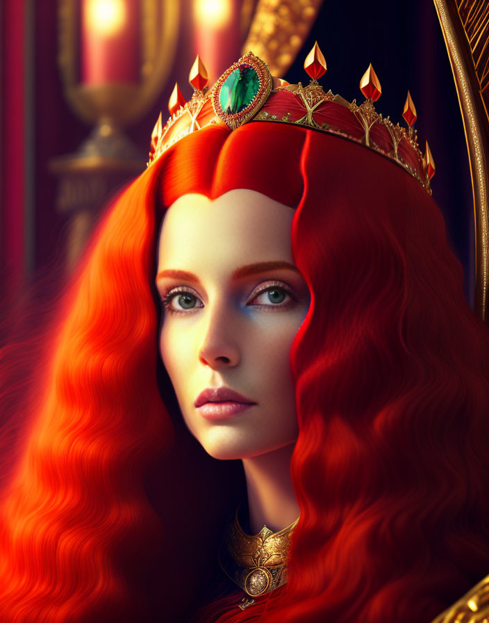 Regal woman with red hair and crown exudes elegance and authority