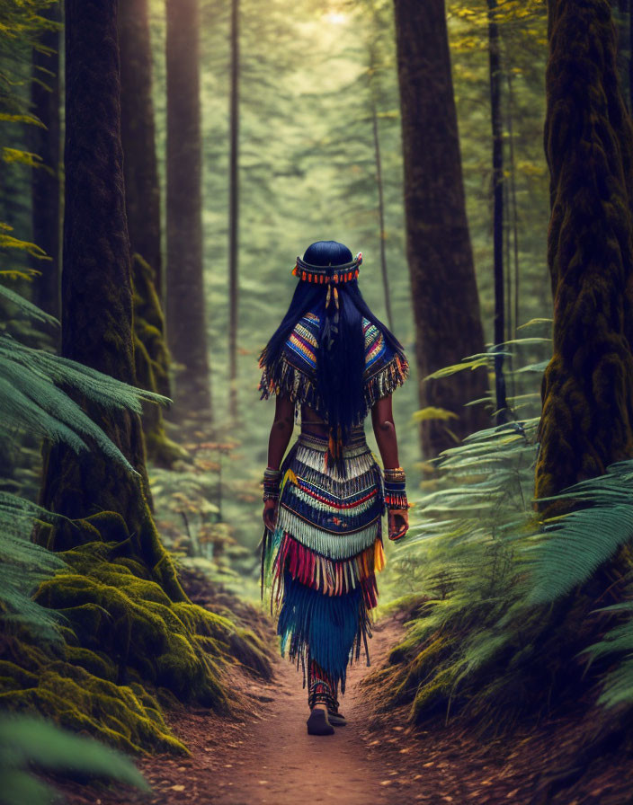 Person in traditional attire with long hair walking in lush forest path