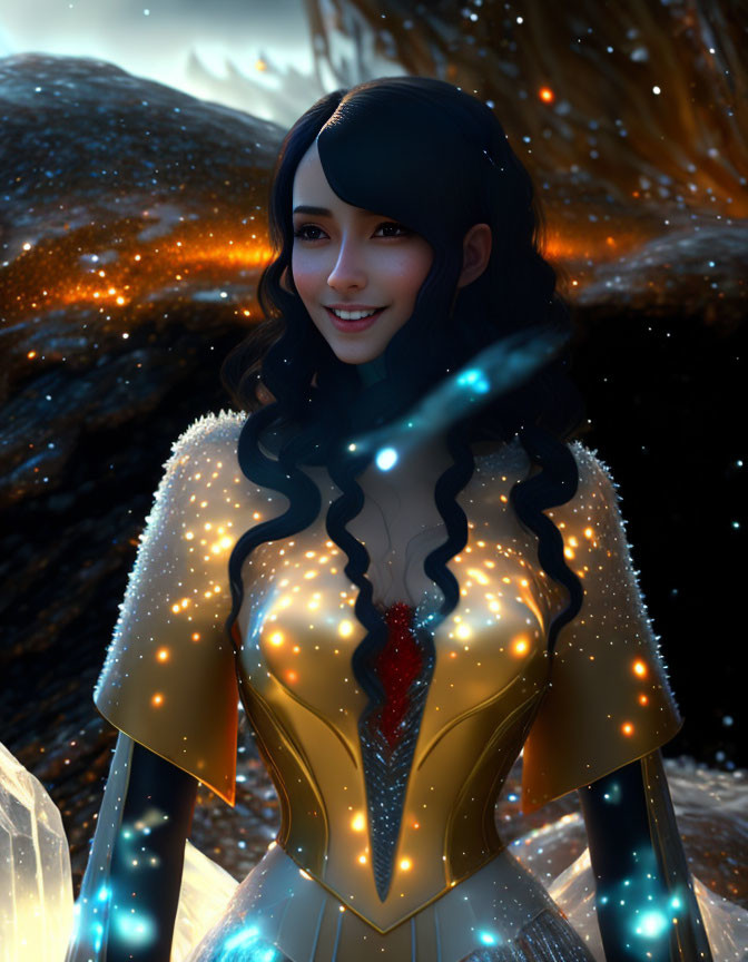 Smiling woman in futuristic armor on cosmic backdrop