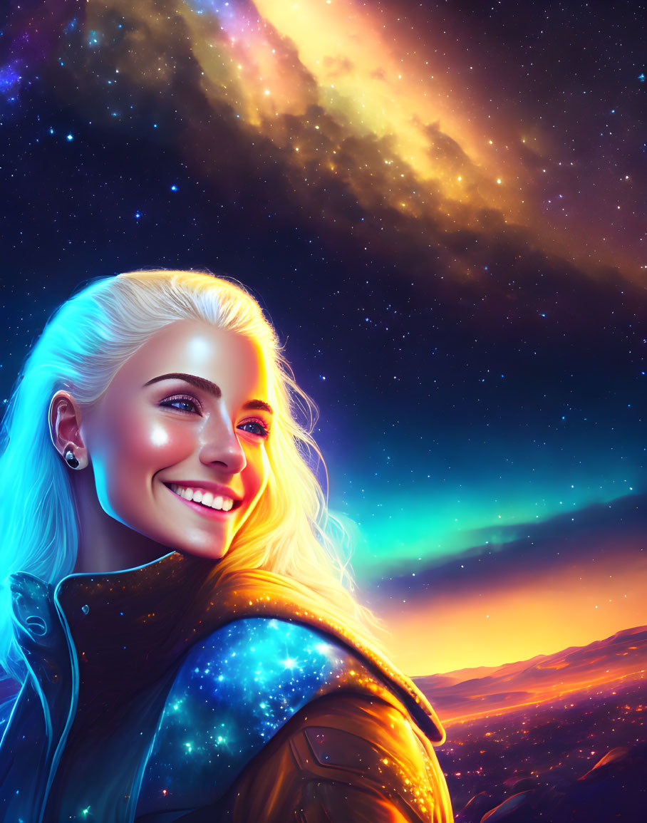 White-Haired Woman in Cosmic Attire with Celestial Background