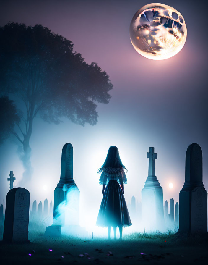 Person in misty graveyard under glowing full moon amid tombstones.