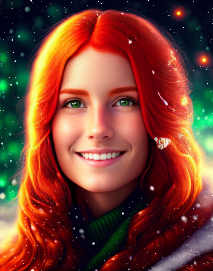 Smiling woman with red hair and green eyes in snowy scene