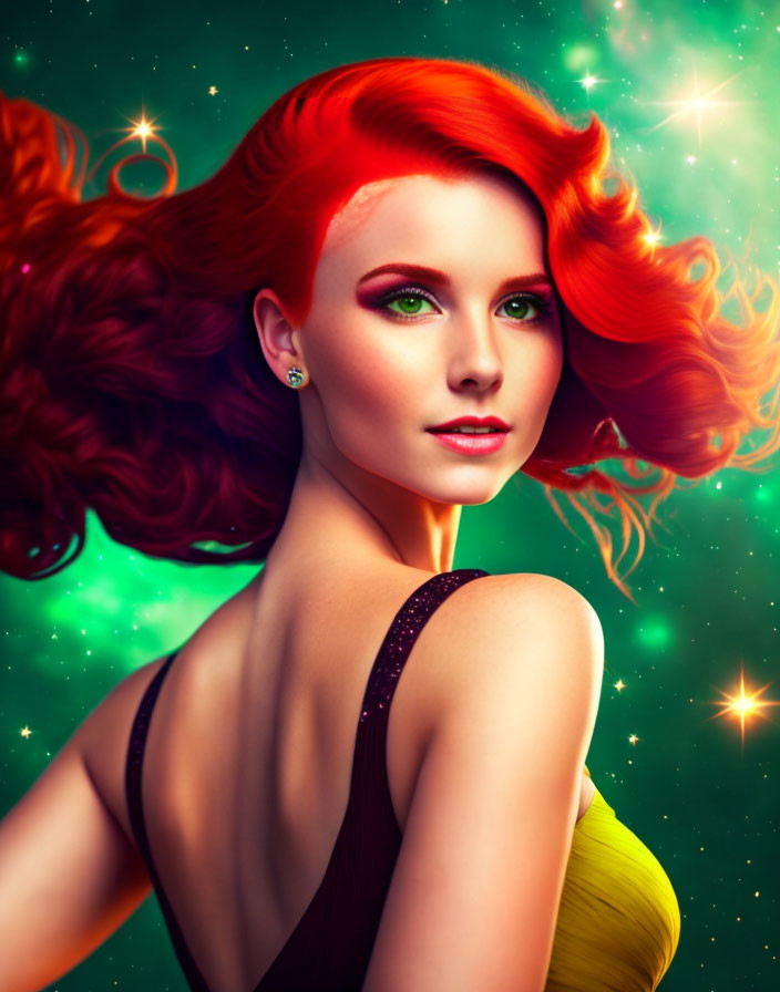 Vibrant red hair woman in cosmic backdrop with green eyes