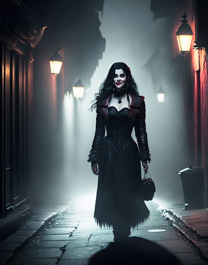 Dark Gothic Attire Woman in Misty Lamp-lit Alley