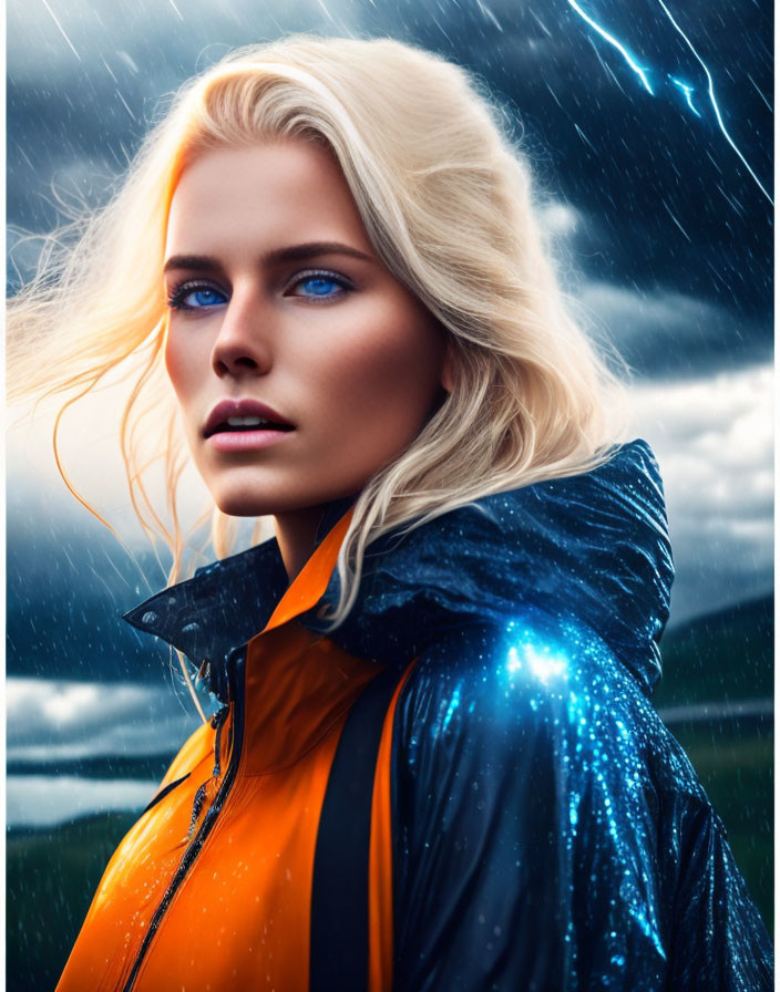 Blond woman with blue eyes in blue jacket under stormy sky