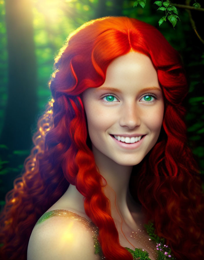 Smiling woman with red hair and green eyes in lush greenery