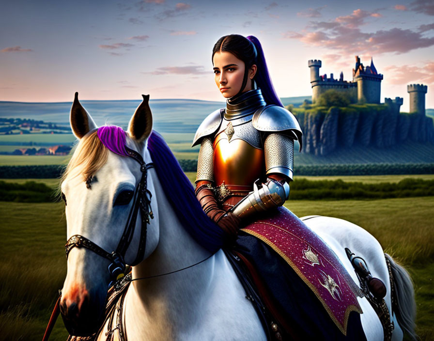 Female Knight on White Horse Overlooking Castle at Sunset