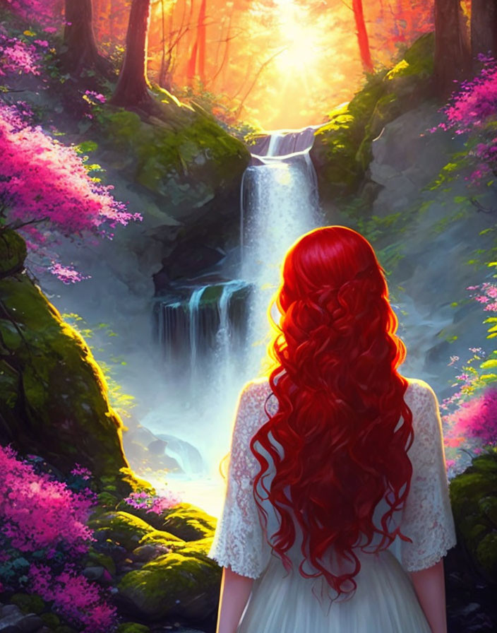 Woman with Long Red Hair in Sunlit Forest by Waterfall