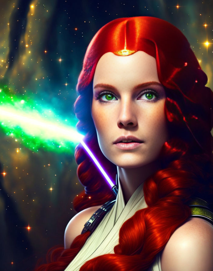 Vibrant red-haired woman in cosmic digital art