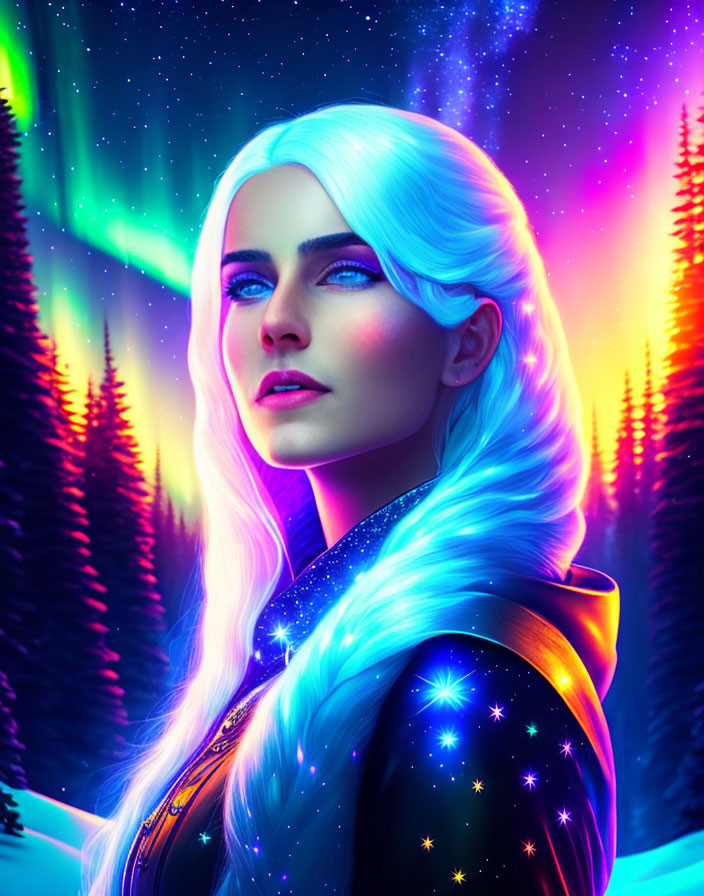 Fantasy illustration: Woman with glowing blue eyes and white hair under aurora borealis.