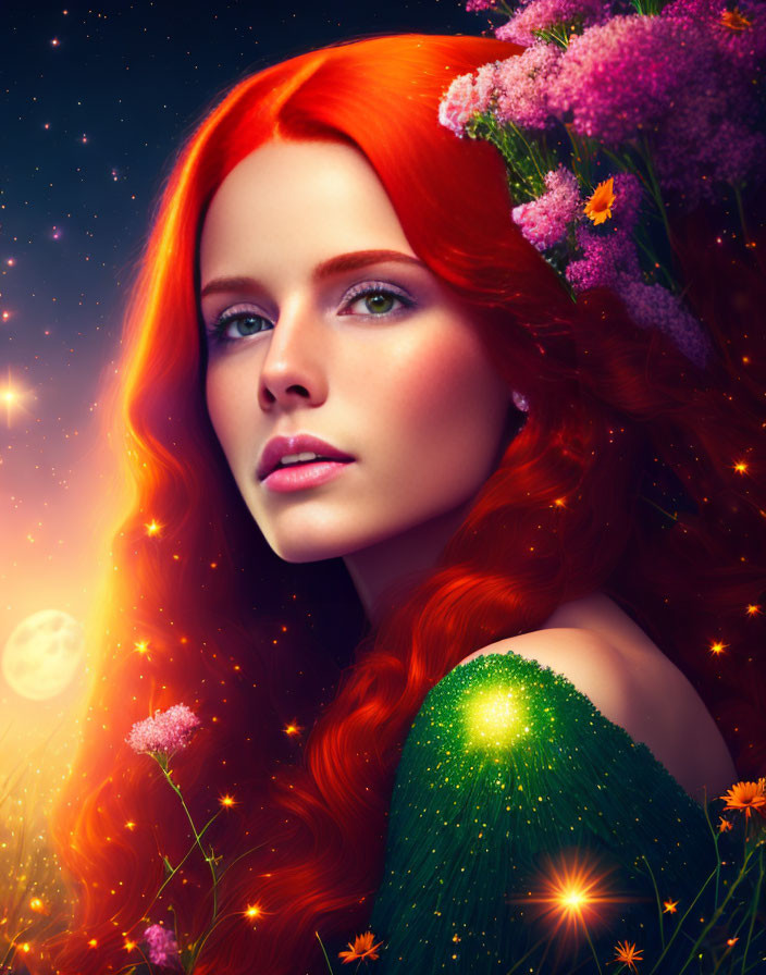 Red-haired woman with flowers in cosmic setting