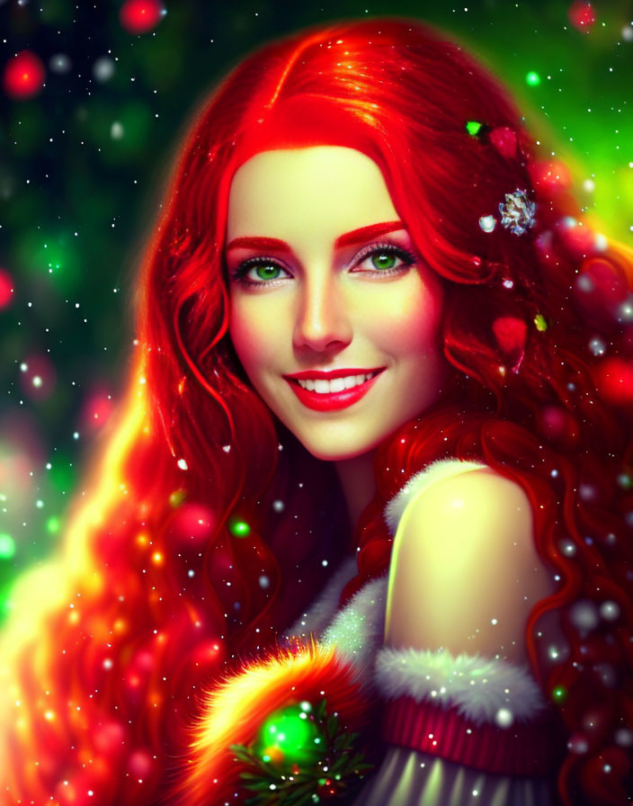 Vibrant illustration: Woman with red hair and green eyes in holiday lights