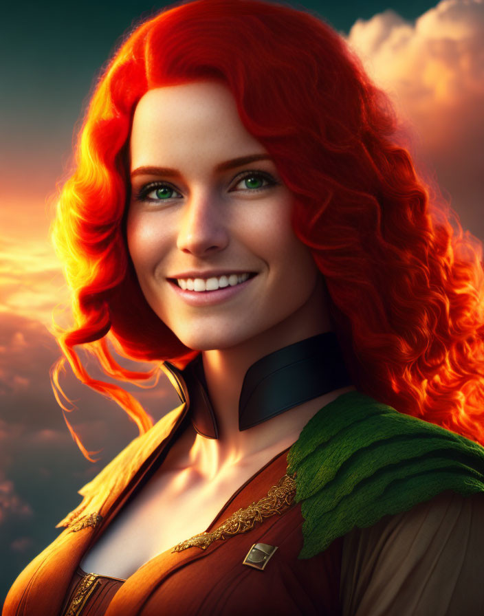 Red-haired woman in brown dress smiles under sunset sky