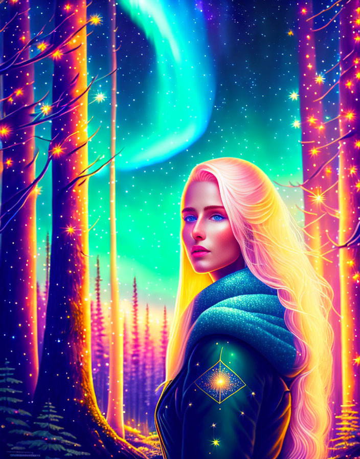 Digital artwork: Woman with blonde hair in magical forest