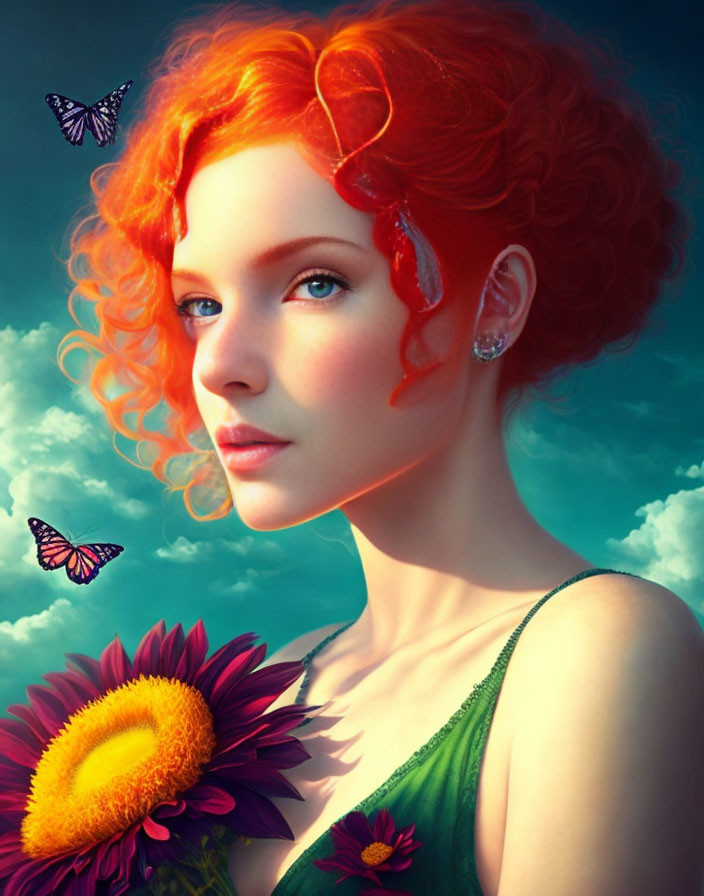 Vibrant red-haired woman in green dress with butterflies and sunflower against blue sky