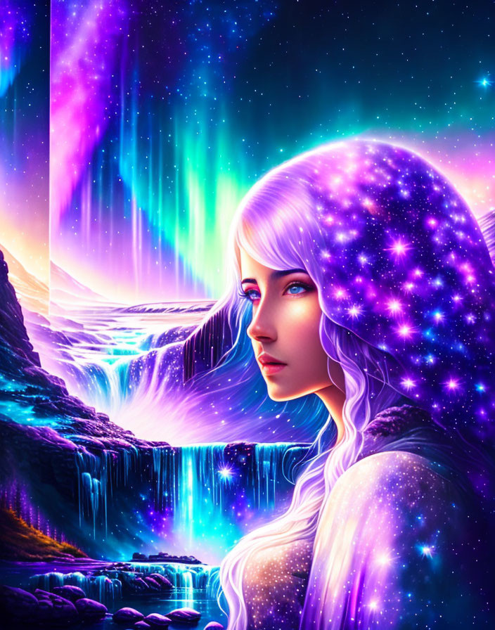 Digital art: Woman with starry hair in aurora sky over waterfall landscape