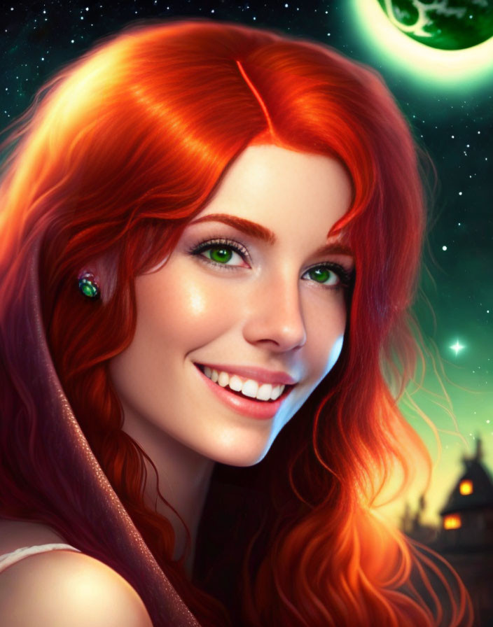 Smiling woman with red hair and green eyes in cosmic setting